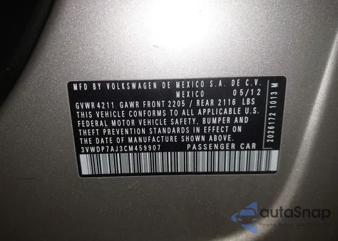 2012 Volkswagen Jetta 2.5L Se from USA, damaged, VIN 3VWDP7AJ3CM459907